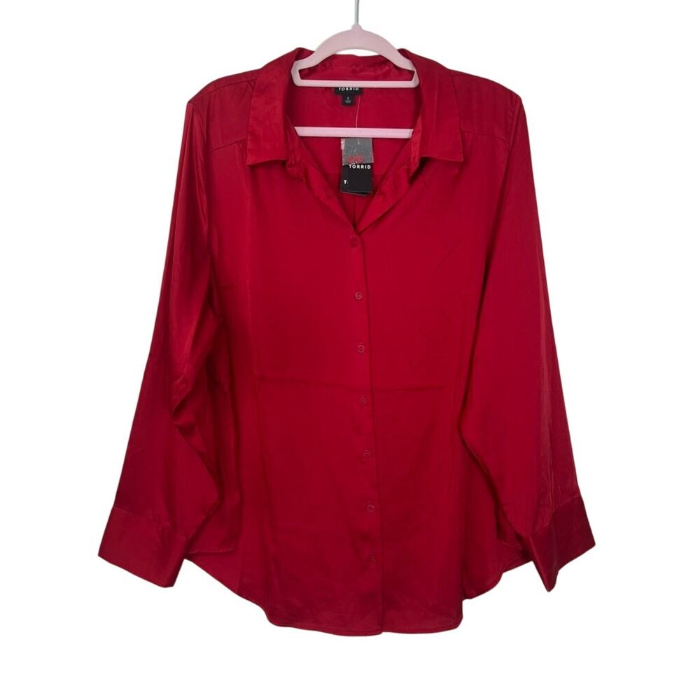 NWT Torrid Red Silky Shiny Button Up Long Sleeve Collar Dressy Stretch Top